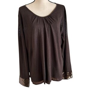 Talbots Plus 2X Dressy Knit Top Brown Shimmer Sequin Cuffs Attached Cami
